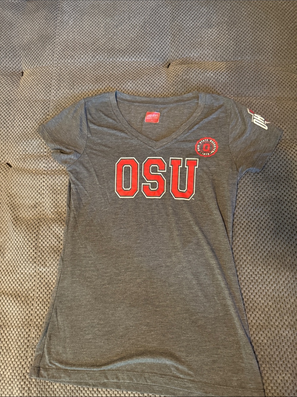 Champion Women's Gray V-Neck OSU Tee with Red Lettering
